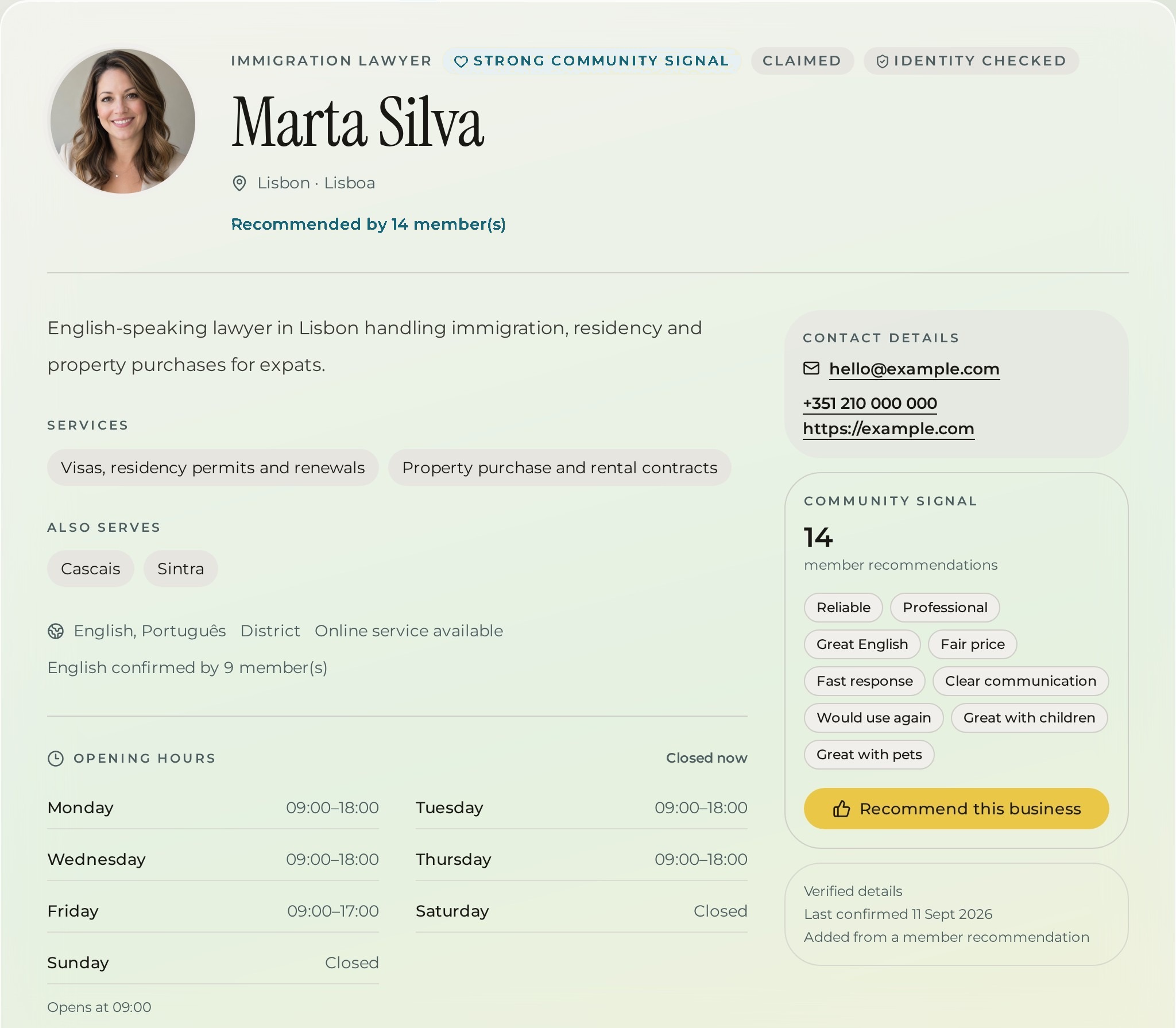 Example Portugal Expats AI profile page showing services, coverage, contact details and community recommendations.